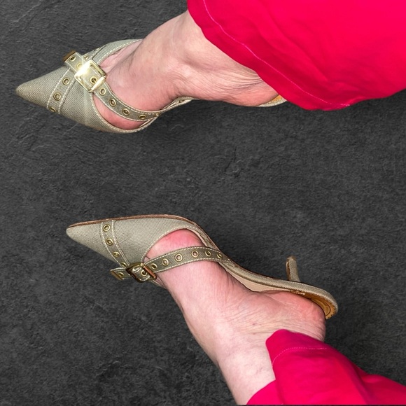 SOLDX AUTH DIOR VINTAGE MULE SLIDE SANDAL GREEN KHAKI CANVAS POINTED TOE 7.5 38 - Picture 7 of 8